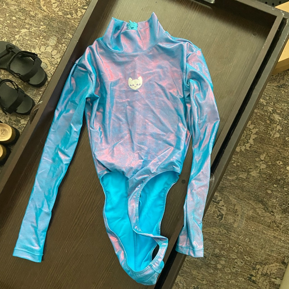 Iridescent Blue Long-Sleeve Bodysuit with Cat Patch
